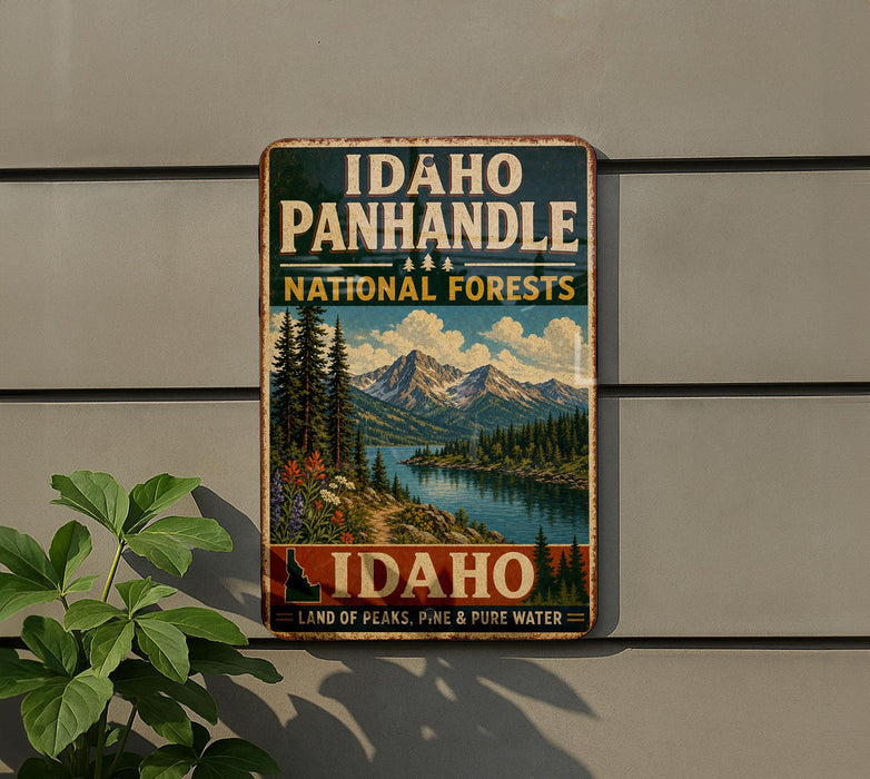 A vintage-style metal sign for Idaho Panhandle National Forests, featuring a scenic mountain landscape with pine trees and a river.