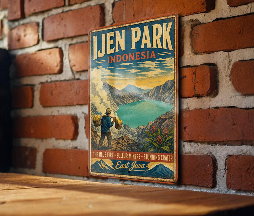 A vintage-style metal sign for Ijen Park, Indonesia, featuring a scenic landscape with a lake and mountains.