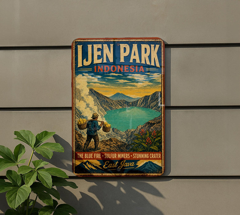 A vintage-style metal sign for Ljen Park, Indonesia, featuring a person carrying a basket and a scenic landscape with mountains and a lake.