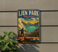 A vintage-style metal sign for Ljen Park, Indonesia, featuring a person carrying a basket and a scenic landscape with mountains and a lake.