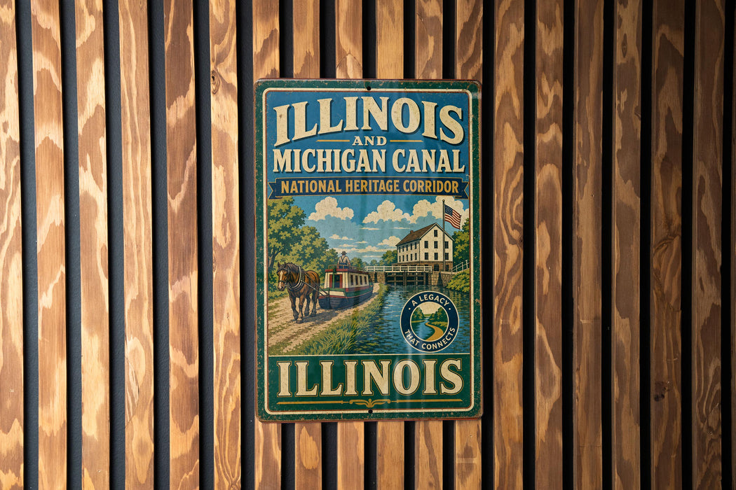 A vintage-style sign for the Illinois and Michigan Canal, featuring a scenic illustration of a canal and a building, mounted on a wooden wall.