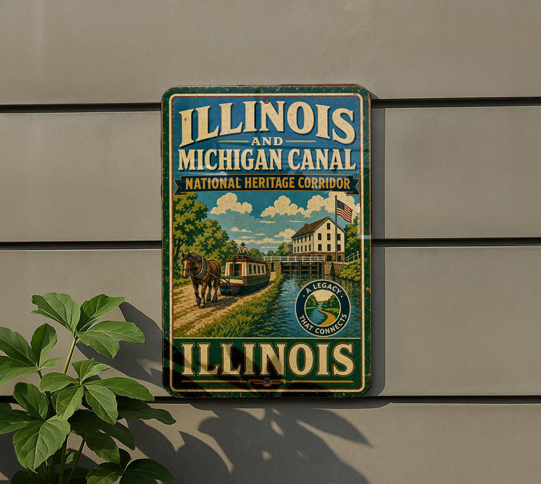 A vintage-style sign for the Illinois and Michigan Canal, featuring a scenic illustration of a canal with a horse-drawn carriage and a building in the background.