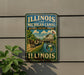 A vintage-style sign for the Illinois and Michigan Canal, featuring a scenic illustration of a canal with a horse-drawn carriage and a building in the background.