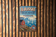 A vintage metal sign with the text "ILLUISAT ICEFJORD DENMARK" and an illustration of a red house on a cliff overlooking a body of water.