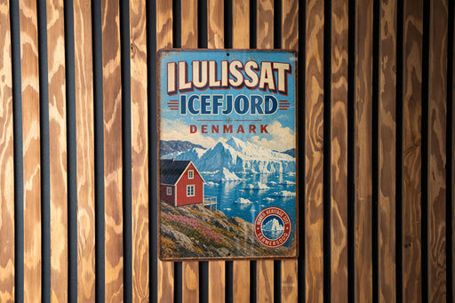 A vintage metal sign with the text "ILLUISAT ICEFJORD DENMARK" and an illustration of a red house on a cliff overlooking a body of water.