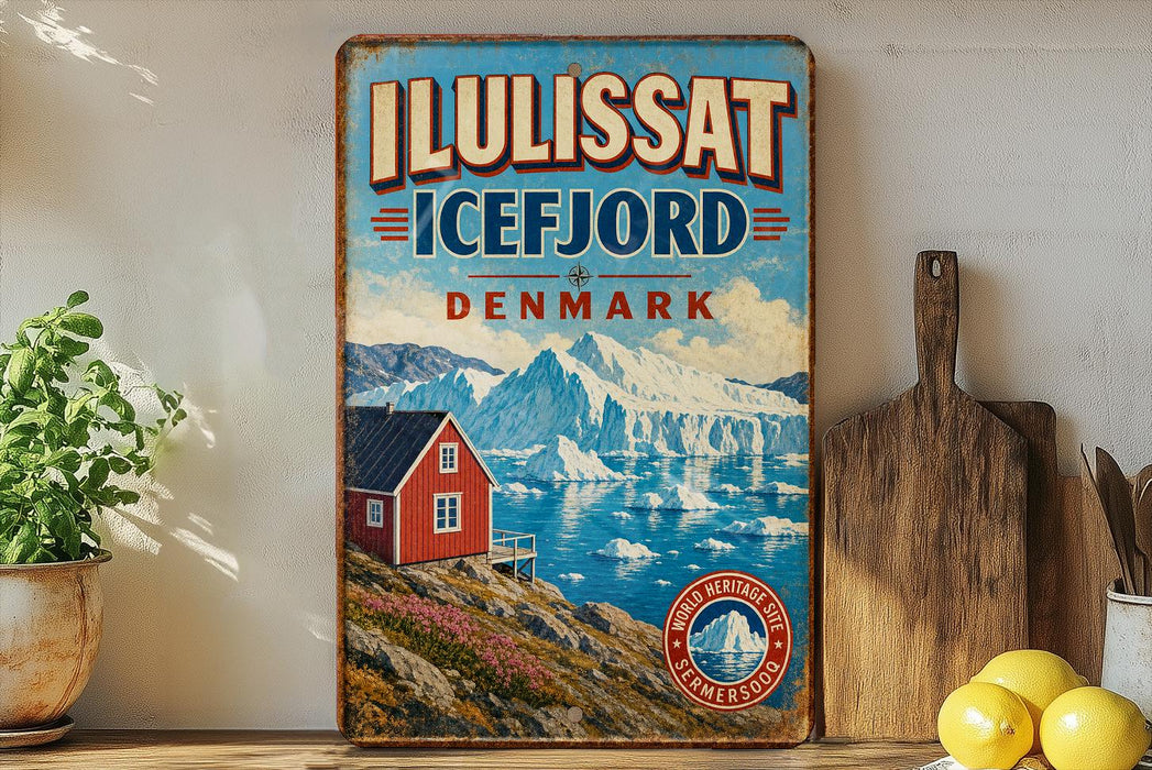 a vintage-style sign for Iluis SAT ICEFJORD DENMARK, with a scenic image of a red house on a cliff overlooking a body of water and mountains in the background.