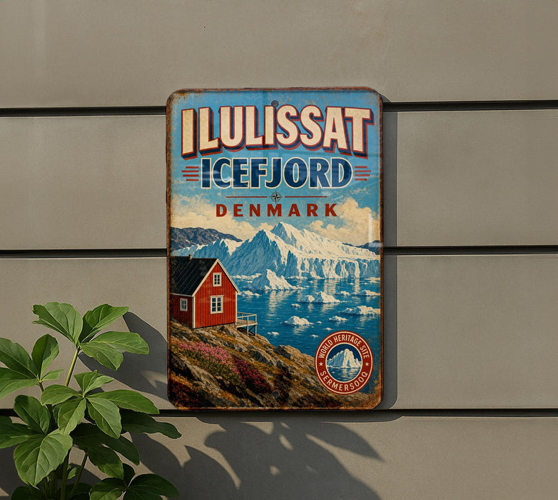 a vintage-style sign for Iluis SAT ICEFJORD, Denmark, with a scenic image of a red house on a cliff overlooking a snowy mountain landscape.