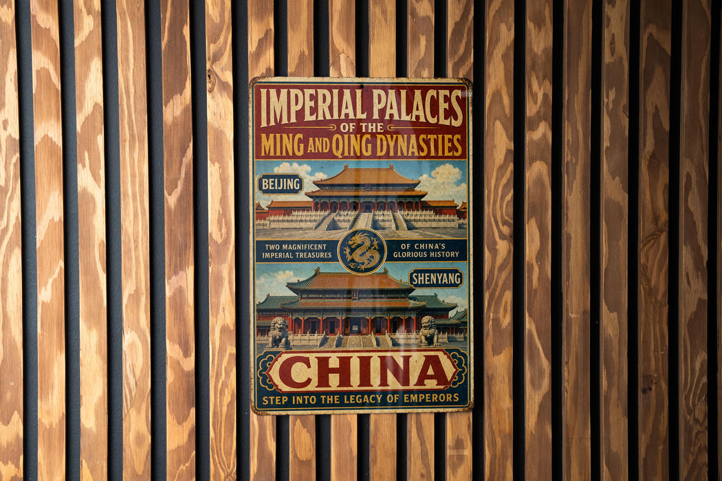 a vintage-style poster advertising the Imperial Palaces of the Ming and Qing Dynasties in Beijing, China.