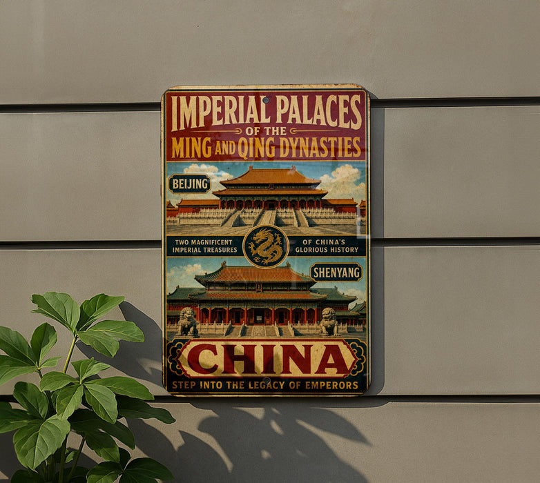a vintage-style sign advertising the Imperial Palaces of the Ming and Qing Dynasties in Beijing, China.