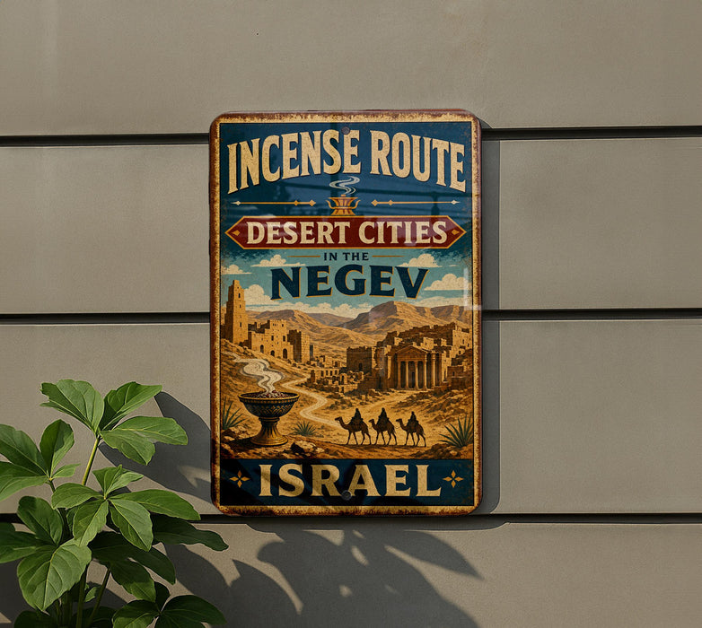 a vintage-style sign with the text "INSCENSE ROUTE DESERT CITIES IN THE NEGEV ISRAEL" displayed on a wall.