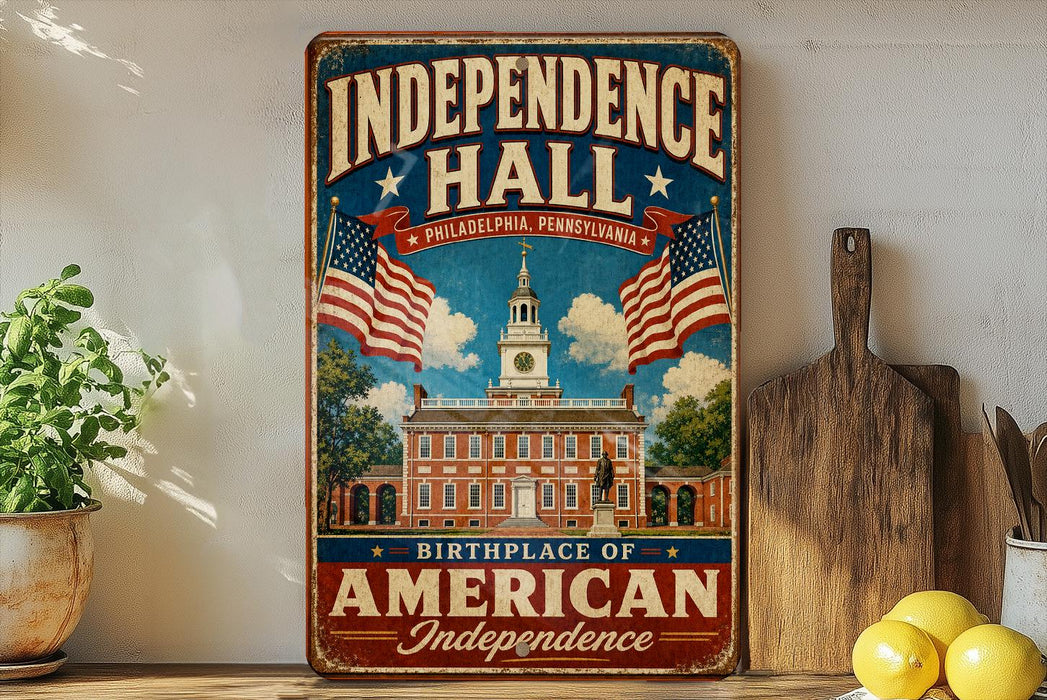 A vintage-style metal sign with the text "Independence Hall" and "Birthplace of American Independence" hangs on a wall, surrounded by kitchen utensils and a potted plant.