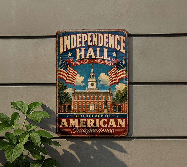 A vintage-style metal sign with the text "Independence Hall Philadelphia Pennsylvania" and an illustration of a building with a clock tower, surrounded by American flags.