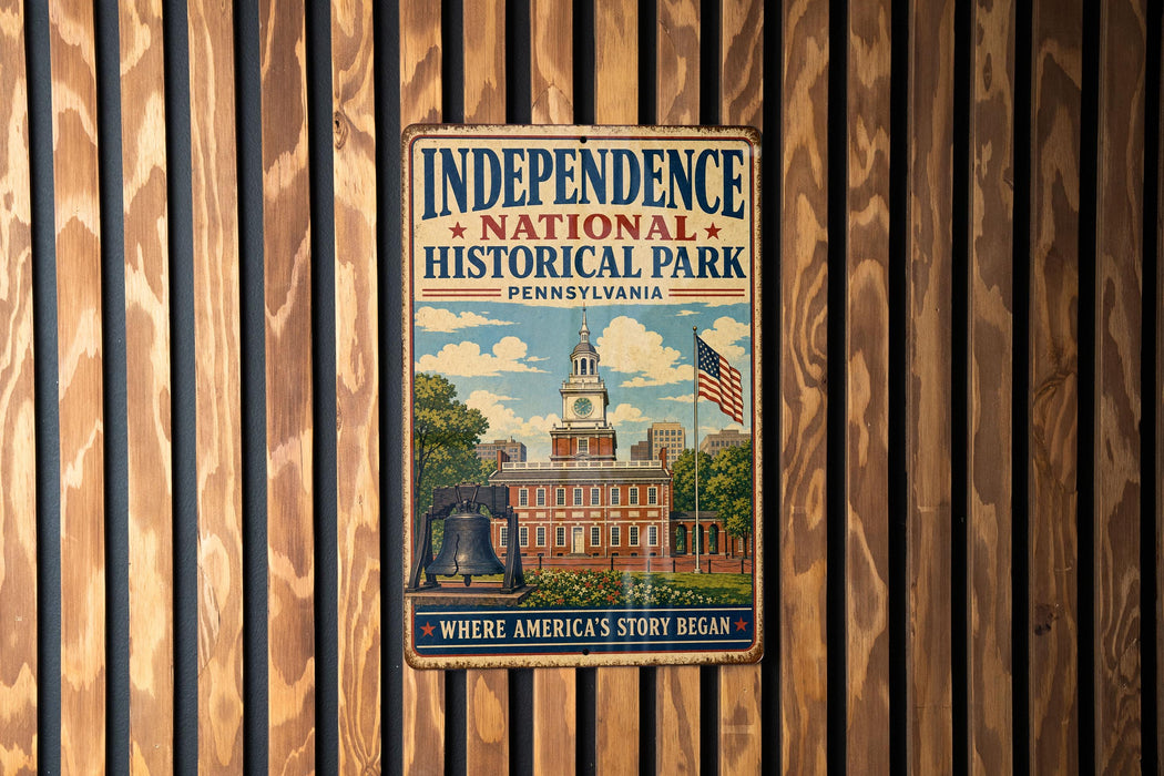 a vintage-style metal sign for Independence National Historical Park in Pennsylvania, with an illustration of the Pennsylvania State Capitol building and a bell tower.