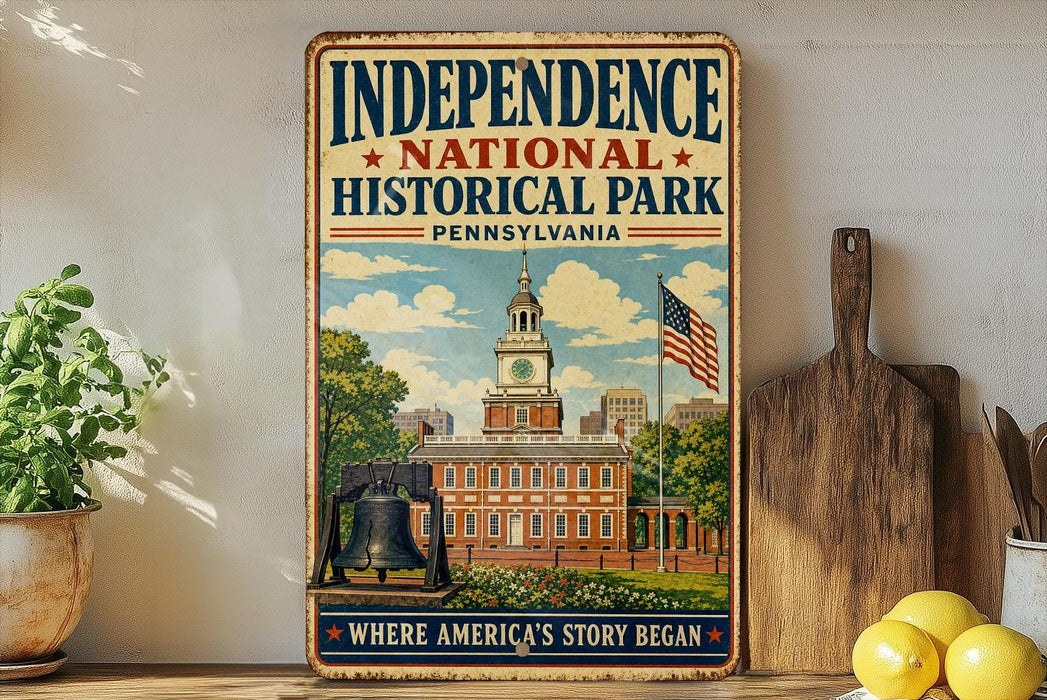 a vintage-style metal sign for Independence National Historical Park in Pennsylvania, with a bell tower and American flag in the background.