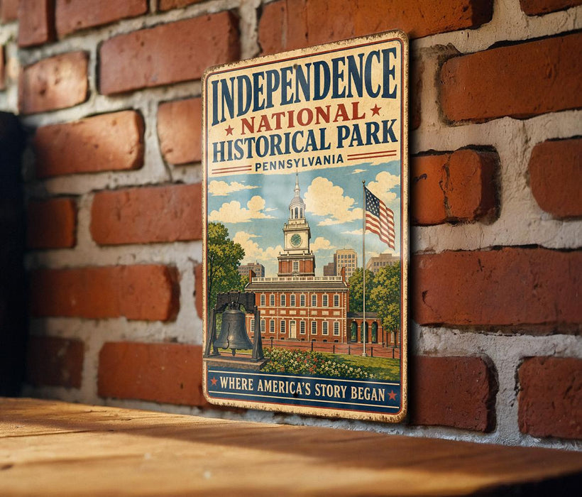 A vintage metal sign for Independence National Historical Park in Pennsylvania, featuring an illustration of the Independence Building and an American flag.