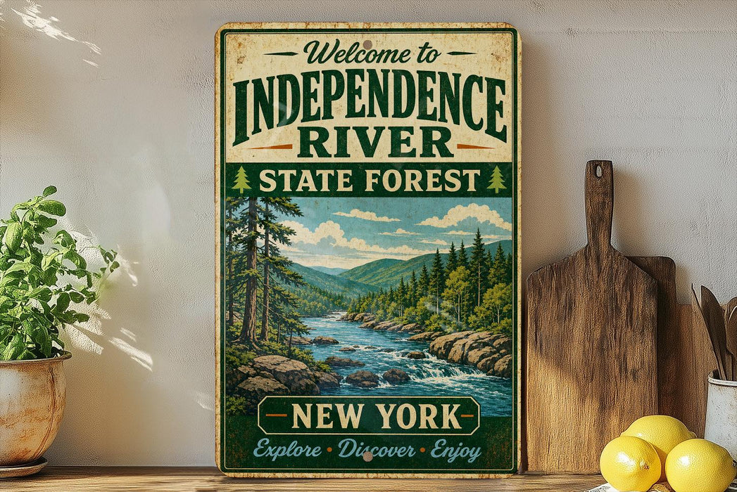 A vintage-style sign welcoming visitors to Independence River State Forest in New York, featuring a scenic illustration of a river surrounded by pine trees and mountains.