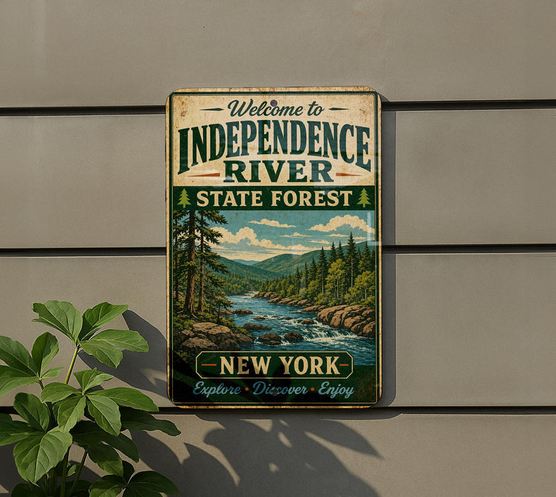 A vintage-style sign for Independence River State Forest in New York, featuring a scenic illustration of a river surrounded by pine trees and mountains.