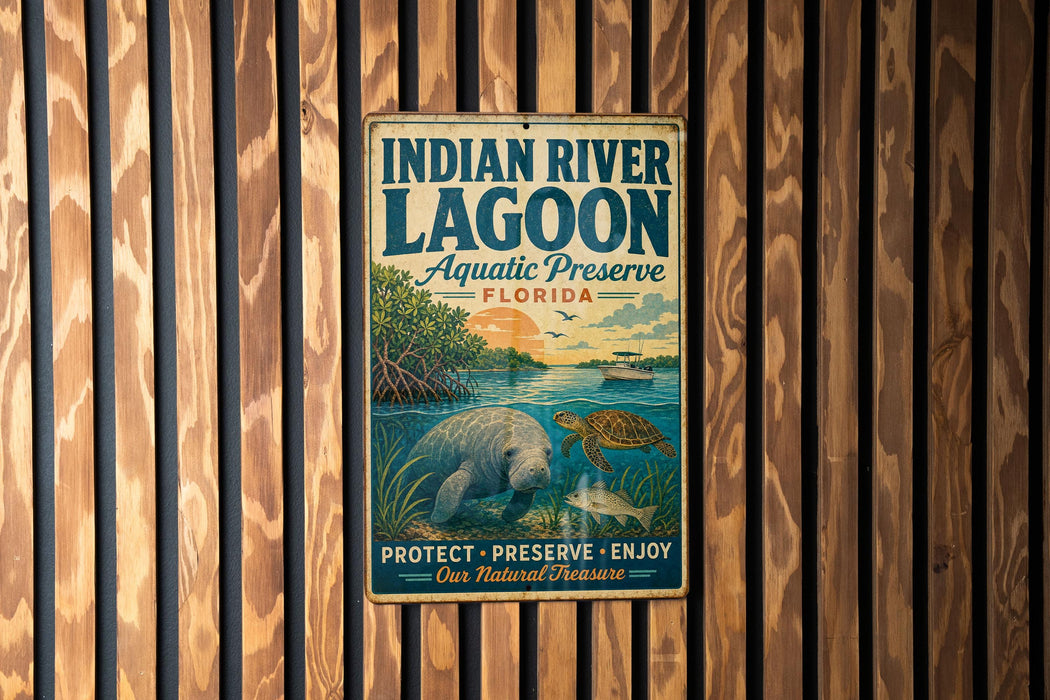 A vintage metal sign for the Indian River Lagoon Aquatic Preserve in Florida, featuring an illustration of a manatee and a turtle in a lagoon setting.