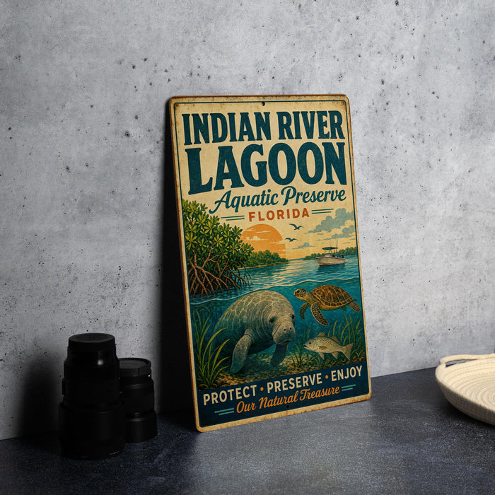 A vintage-style sign for the Indian River Lagoon, Florida, featuring an illustration of a manatee and other wildlife in a lagoon setting.