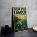A vintage-style sign for the Indian River Lagoon, Florida, featuring an illustration of a manatee and other wildlife in a lagoon setting.