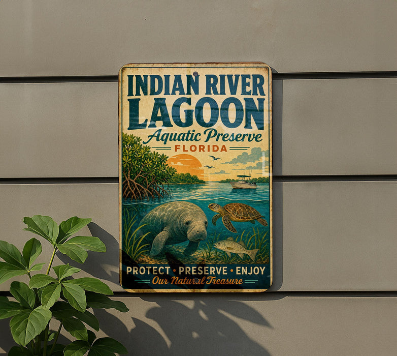 A vintage-style sign for the Indian River Lagoon, an aquatic preserve in Florida, featuring an illustration of a manatee and a turtle in a lagoon setting.