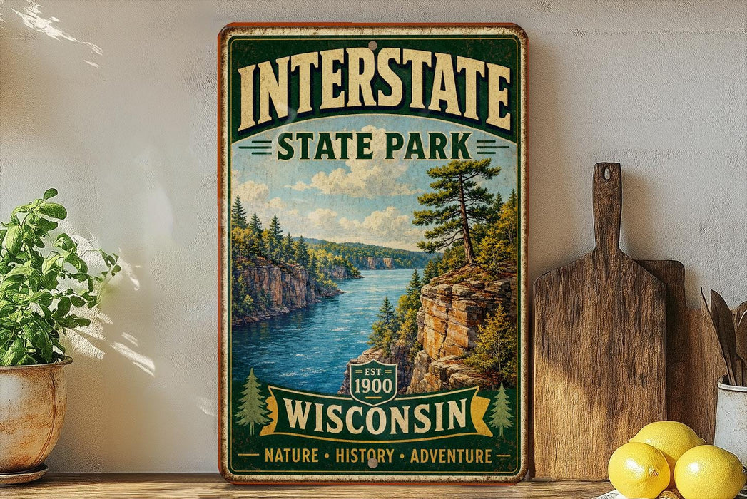 A vintage-style sign for Interstate State Park in Wisconsin, featuring a scenic landscape with a river and mountains.