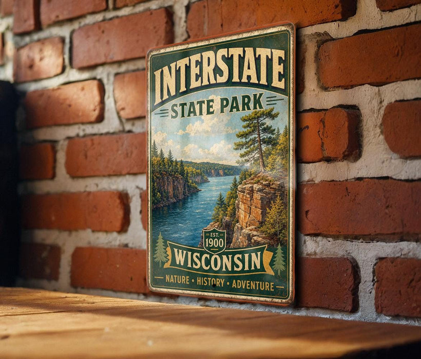 A vintage metal sign for Interstate State Park in Wisconsin, featuring a scenic landscape with a river and mountains.