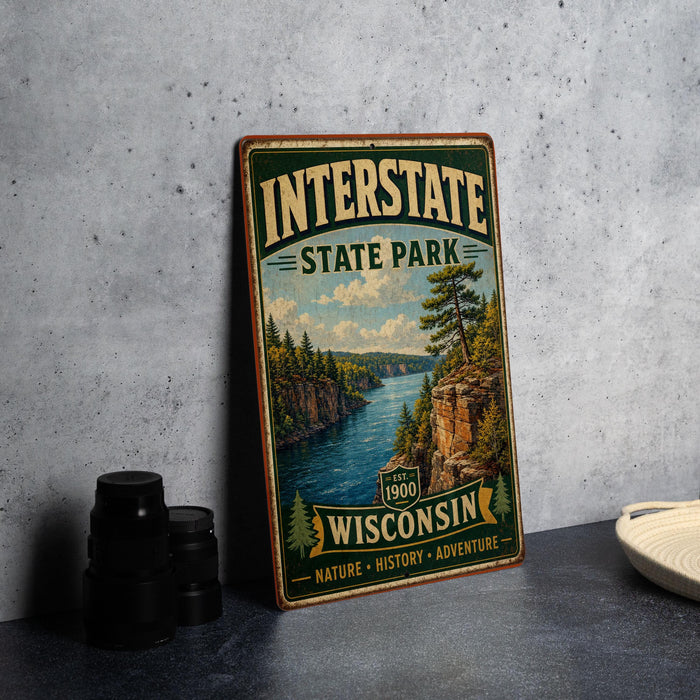 A vintage-style metal sign for Interstate State Park in Wisconsin, featuring a scenic landscape with a river and mountains.