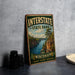 A vintage-style metal sign for Interstate State Park in Wisconsin, featuring a scenic landscape with a river and mountains.