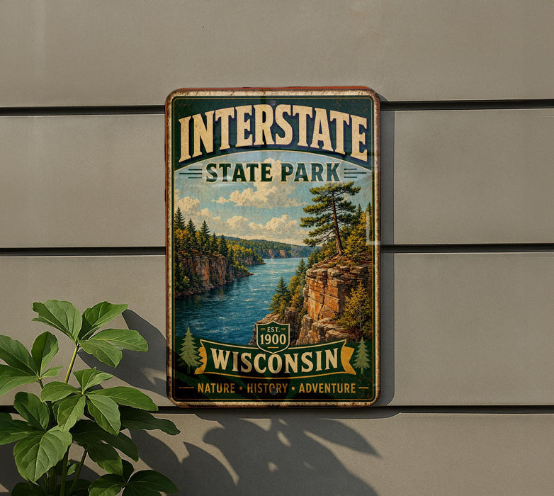 A vintage-style metal sign for Interstate State Park in Wisconsin, featuring a scenic landscape with a river, cliffs, and pine trees.