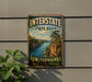 A vintage-style metal sign for Interstate State Park in Wisconsin, featuring a scenic landscape with a river, cliffs, and pine trees.