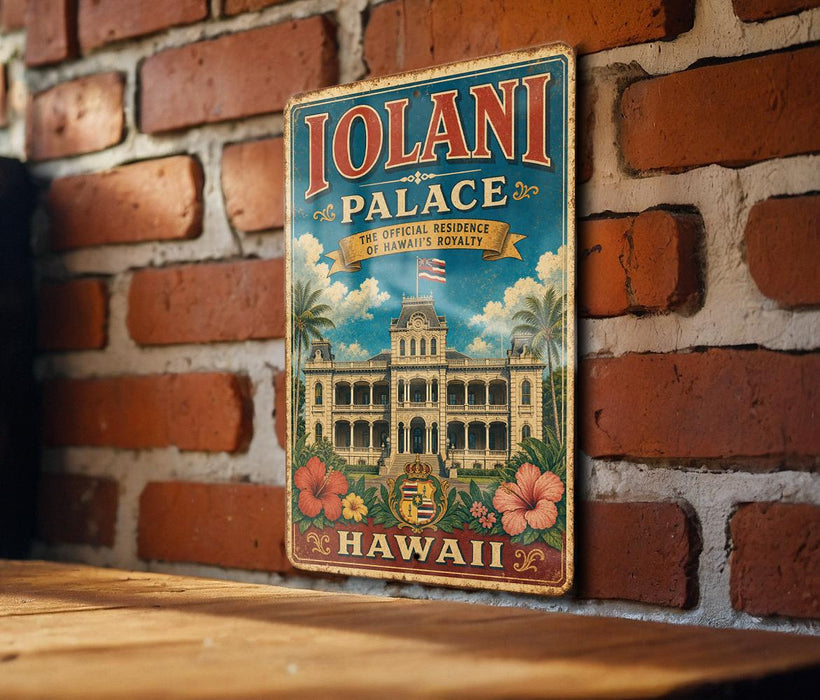 A vintage-style sign for the Iolani Palace in Hawaii, featuring a building illustration and tropical elements.