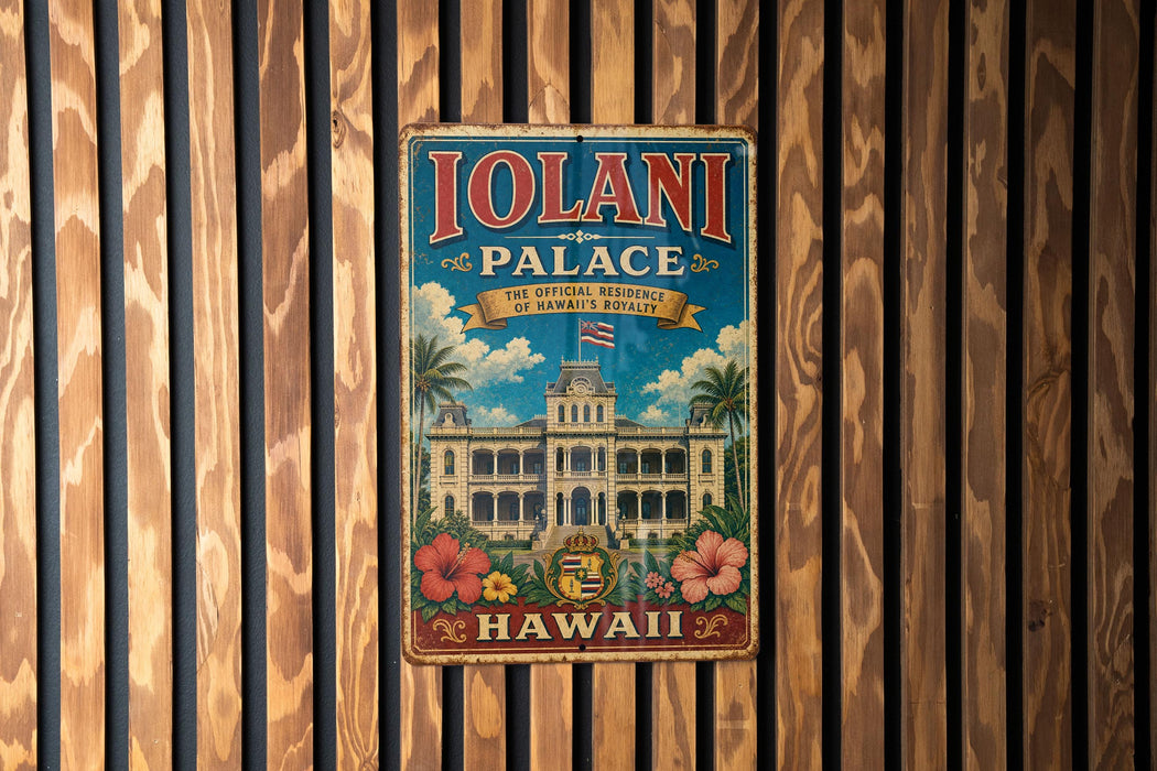 A vintage metal sign for the Iolani Palace in Hawaii, featuring a tropical illustration of the palace surrounded by palm trees and flowers.