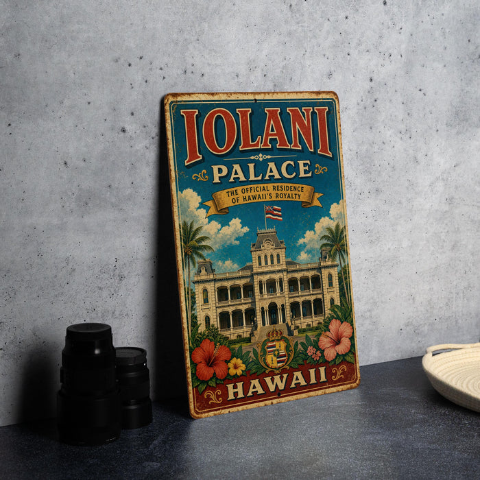 A vintage-style metal sign for the Iolani Palace, the official residence of the Governor of Hawaii, is displayed on a gray wall.