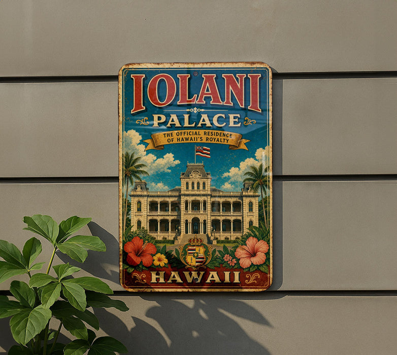 A vintage-style metal sign for the Iolani Palace, the official residence of the Governor of Hawaii, is displayed on a wall.
