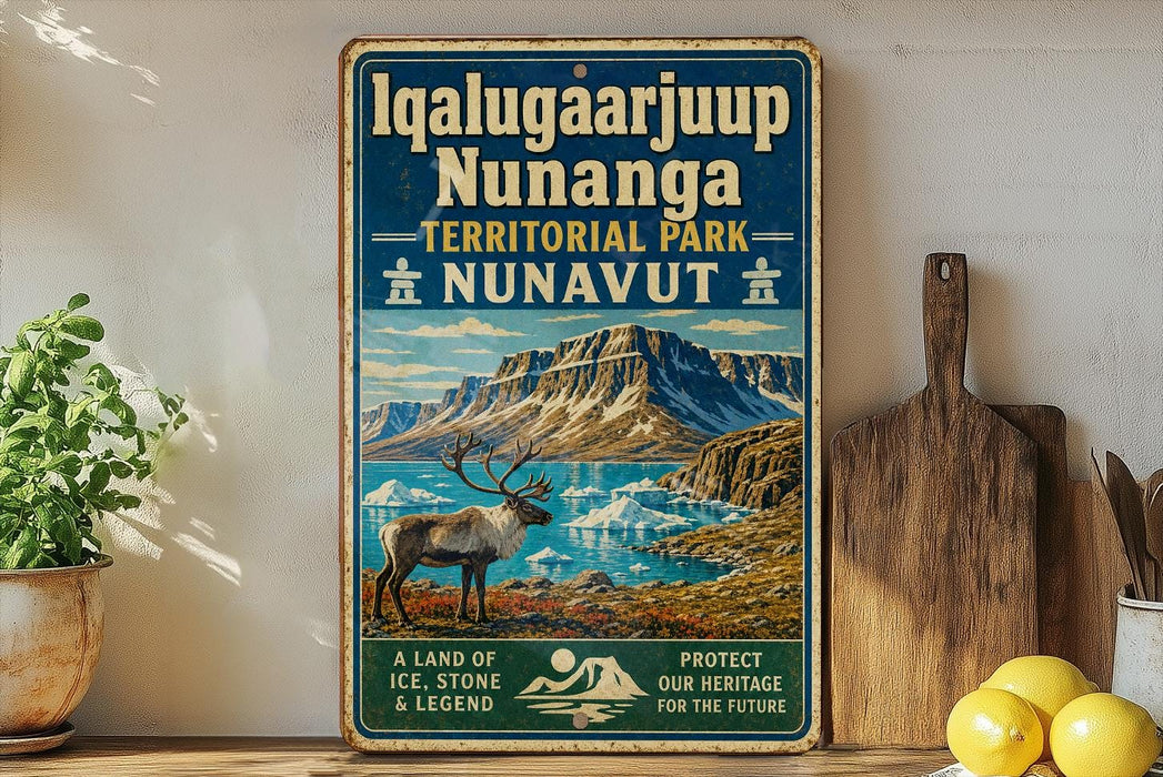 A vintage-style sign for Iqalugaarijup Nunanga, a territorial park in Nunavut, Canada, featuring a reindeer and a mountainous landscape.