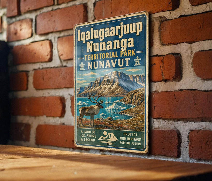 A vintage-style metal sign with text and an illustration of a reindeer in a mountainous landscape, mounted on a brick wall.