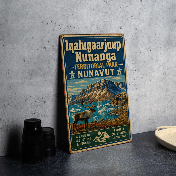 A vintage-style sign for Iqaluitarjup Nunanga Territorial Park, featuring a mountain landscape and a reindeer.