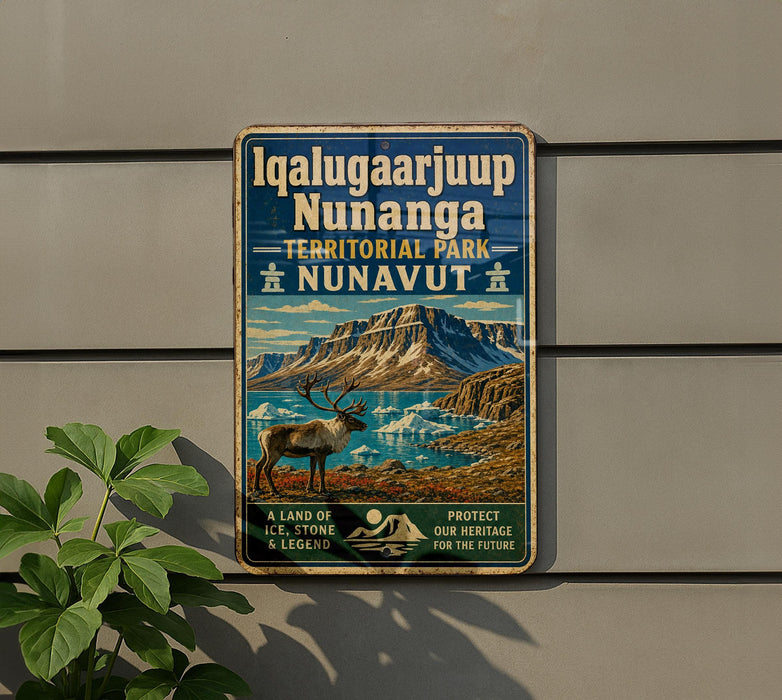A metal sign on a wall, featuring an illustration of a reindeer and a mountainous landscape.