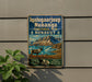A metal sign on a wall, featuring an illustration of a reindeer and a mountainous landscape.