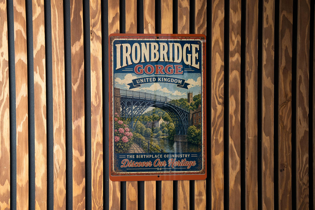 A vintage-style metal sign for Ironbridge Gorge, United Kingdom, featuring a bridge and a scenic landscape.