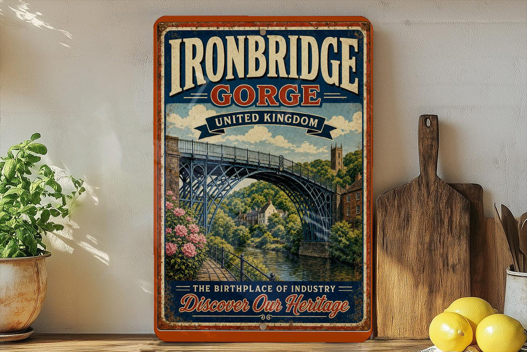 a vintage-style sign for Ironbridge Gorge, United Kingdom, with a bridge and greenery in the background.