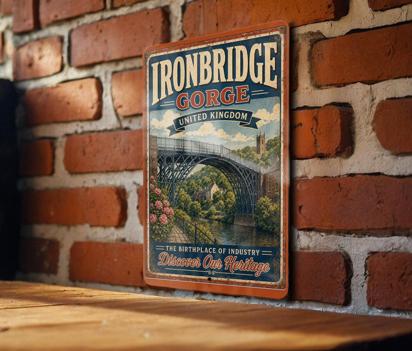 A vintage-style metal sign for Ironbridge Gorge, United Kingdom, featuring a bridge and lush greenery.