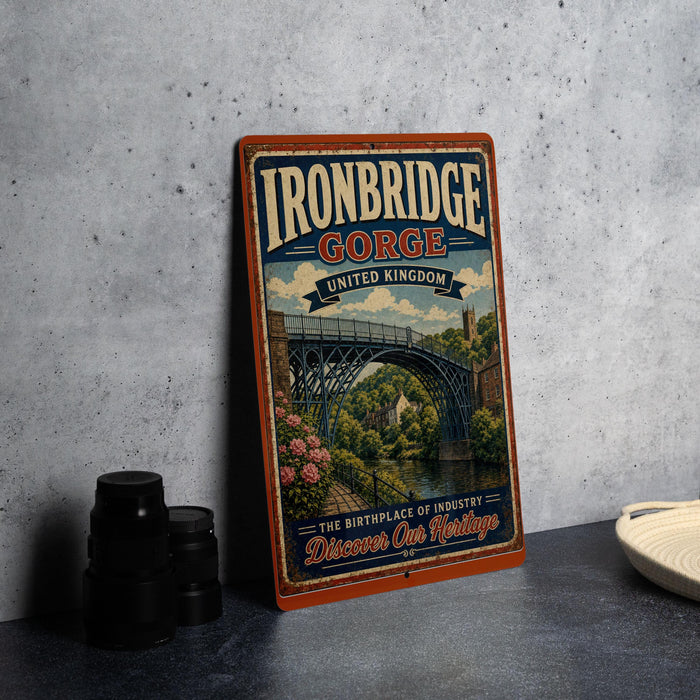 A vintage-style metal sign for Ironbridge Gorge, United Kingdom, featuring an illustration of a bridge and surrounded by greenery.