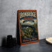 A vintage-style metal sign for Ironbridge Gorge, United Kingdom, featuring an illustration of a bridge and surrounded by greenery.