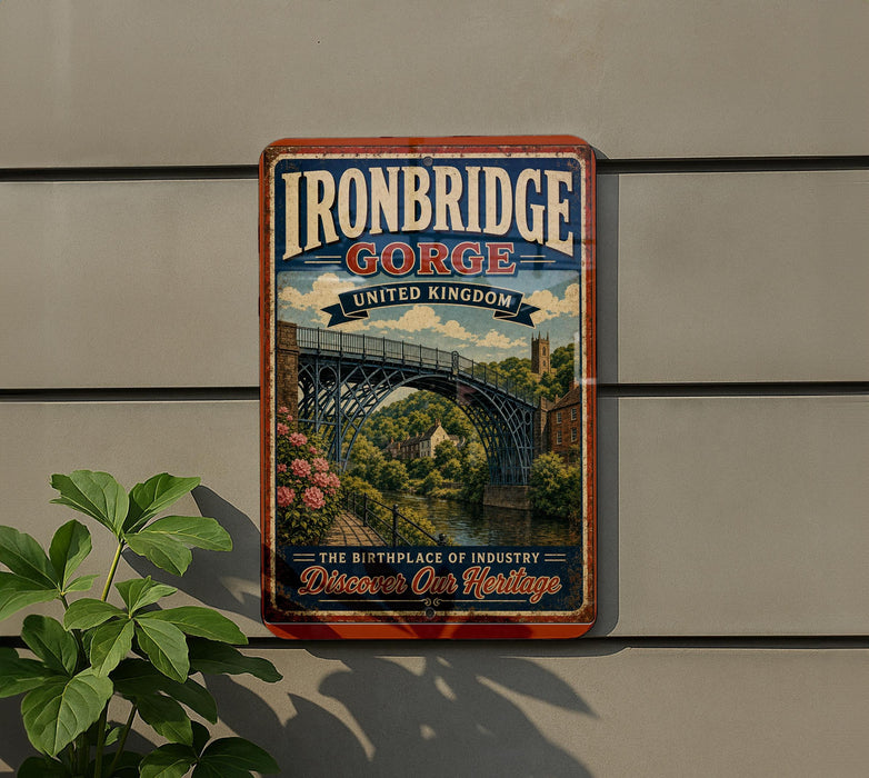 a vintage-style metal sign with the text "Ironbridge Gorge United Kingdom" and "The Birthplace of Industry" on it, hanging on a wall.