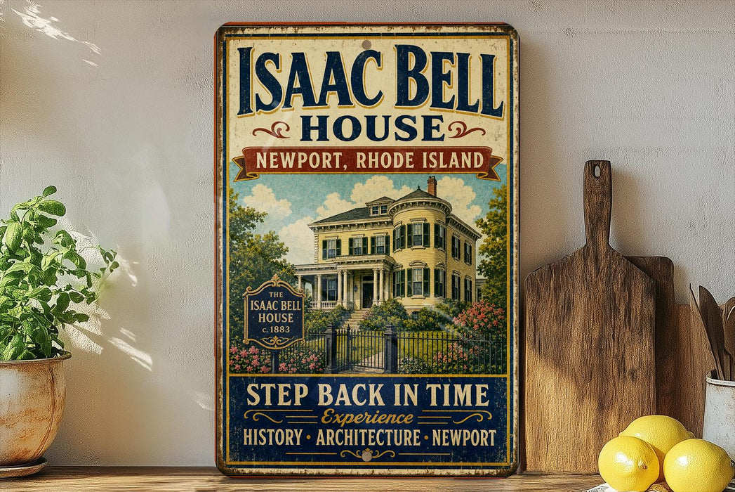 A vintage-style sign for the Isaac Bell House in Newport, Rhode Island, featuring an illustration of the house and text promoting the home's history, architecture, and experiences.