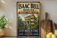 A vintage-style sign for the Isaac Bell House in Newport, Rhode Island, featuring an illustration of the house and text promoting the home's history, architecture, and experiences.