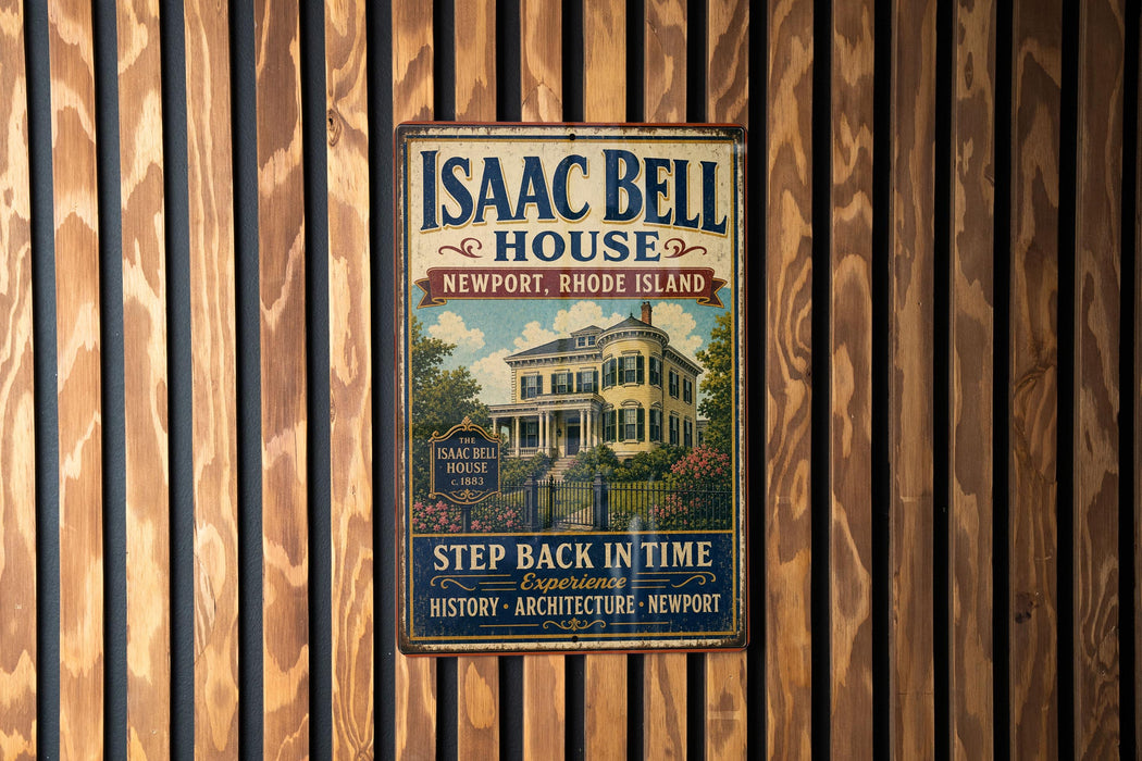 A vintage-style sign for Isaac Bell House in Newport, Rhode Island, featuring an illustration of the house and the text "Step Back in Time Experience History Architecture Newport".
