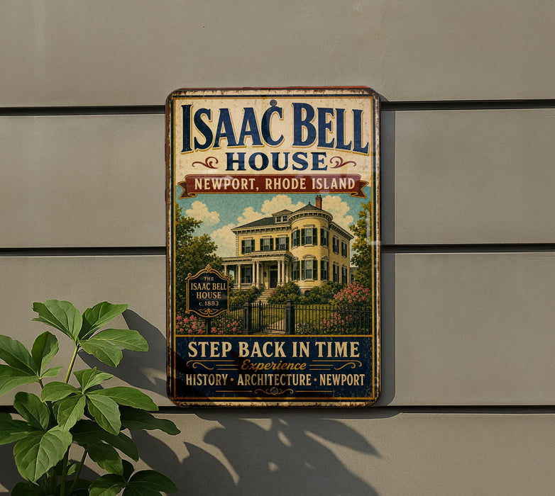 A vintage-style sign for the Isaac Bell House in Newport, Rhode Island, featuring an illustration of the historic home and the text "Step back in time" and "experience".